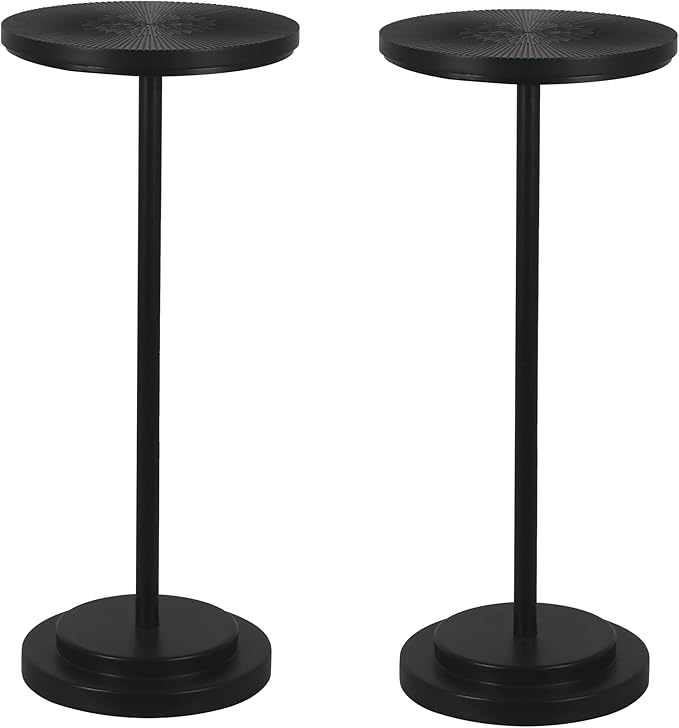 Drink Table Set of 2, Small Round Pedestal Side Table with Carved Top for Living Room, Bedroom, Small Space, Corners and Office, Black