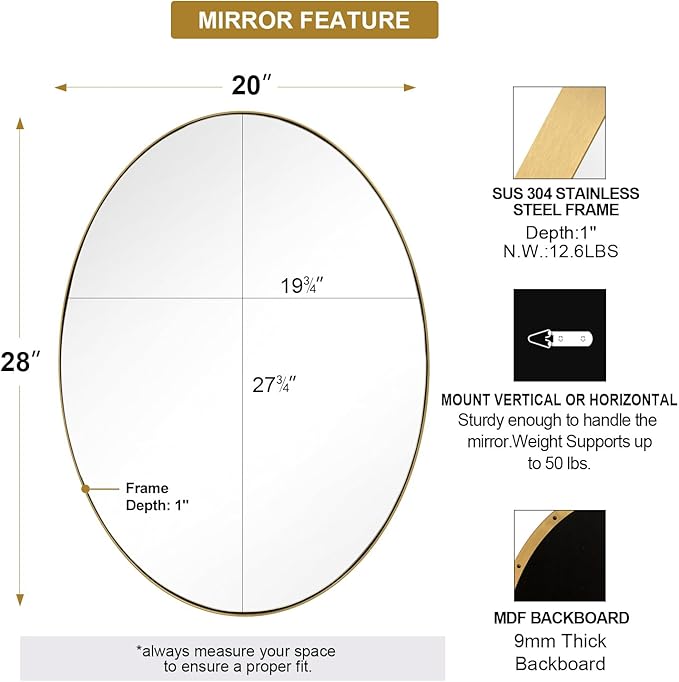 ANDY STAR Gold Oval Mirrors for Bathroom, 20x28 Inch Brushed Gold Stainless Steel Metal Framed Oval Wall Mirror, Modern Vanity Mirror Wall Mount Horizontal or Vertical