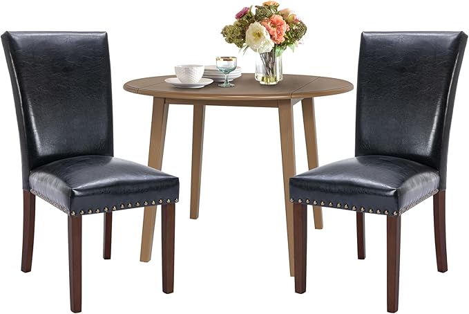 COLAMY 3-Piece Extendable Dining Table Set for 2, 36" Kitchen Round Wood Table with 2 Nailhead Dining Room Chairs,Light Brown/Black
