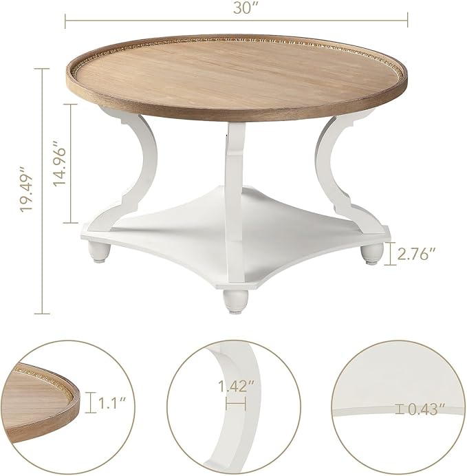 Wnutrees Farmhouse Round Coffee Table, Wood Tray Top Circle Coffee Table with Storage Shelf Rustic Style for Living Room and Vintage Finish, White