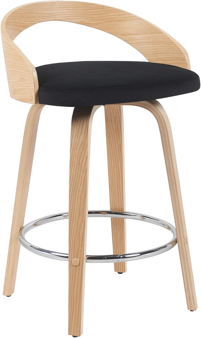 Sonia Modern Swivel Counter Height Bar Stool with Black Upholstered Seat and Patterned Oak Wood Finish Set of 2
