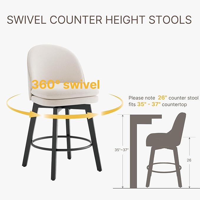 Counter Height Barstools 26 inch Upholstered Swivel Bar Stools with Back and Wood Legs for Kitchen Island,Set of 2,Beige Fabric-Armless