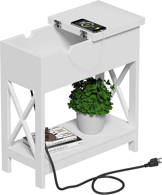 ChooChoo End Table with Charging Station, Narrow Flip Top Side Table with USB Ports & Power Outlets for Small Spaces, Nightstand Sofa Table for Living Room, Bedroom, White, 2 Pack