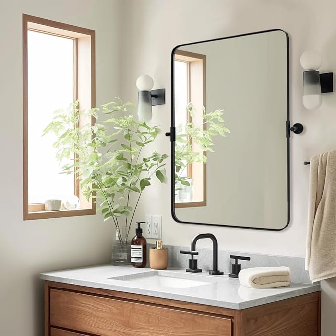 MOON MIRROR Matte Black Pivot Mirror for Bathroom, Tilt Rounded Rectangle for Vanity, Overall 28.33x 32 in (Mirror 24x32 in)