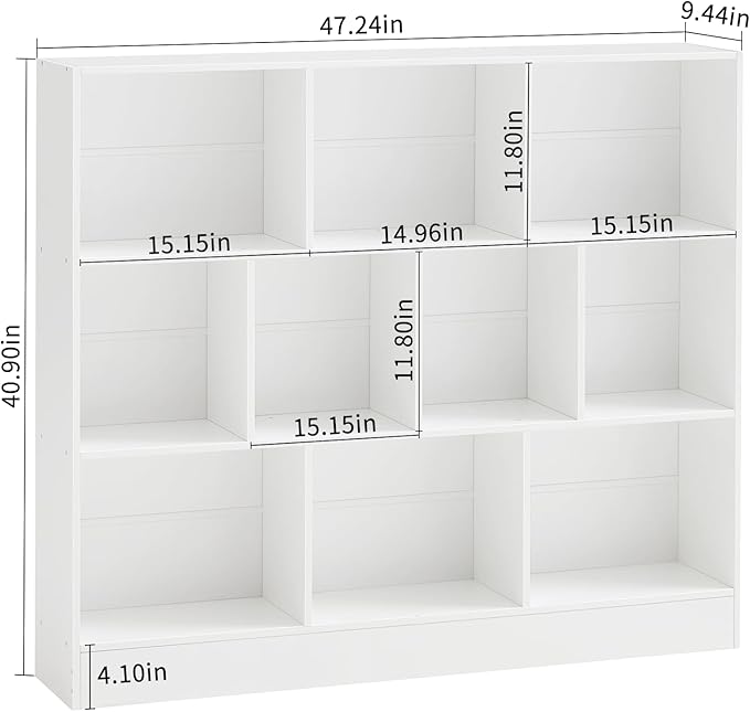 YAHARBO White 10 Cube Bookshelf,3 Tier Modern Horizontal Bookcase,Wooden Low Book Shelf Display Storage Cabinet with Base,Floor Standing Short Bookshelves Open Organizer for Bedroom,Living Room,Office