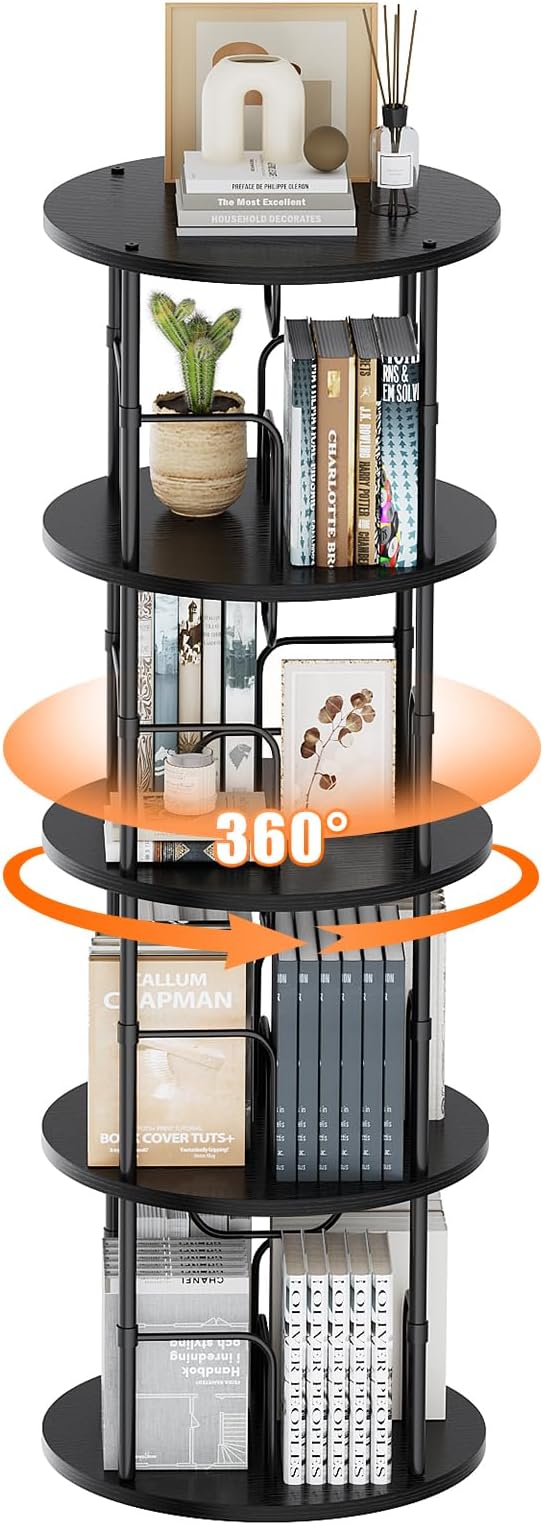 Rotating Bookshelf, 4 Tier Spinning Bookshelf Tower, 360° Display Round Bookcase, Floor Standing Corner Revolving Bookshelf Organizer Storage Rack for Small Spaces, Home Study Office, Black