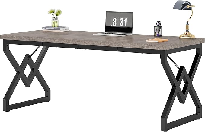 Tribesigns 63 Inch Executive Desk, Large Office Computer Desk with Extra Thick Wooden Tabletop and Metal Frame, Modern Simple Workstation Writing Table Study Desk for Home Office, Gray