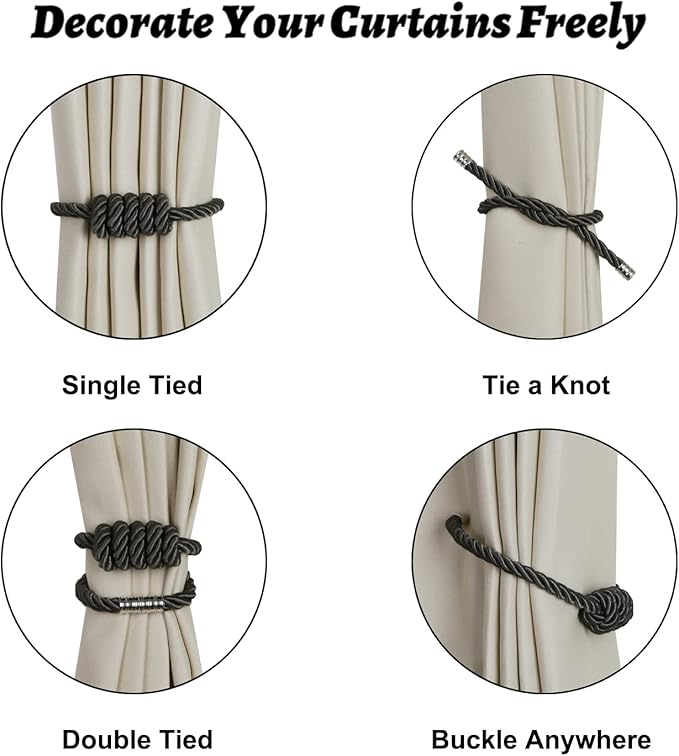 BEL AVENIR Magnetic Curtain Tiebacks, Decorative Drapery Holdbacks Modern Woven Tie-Backs with Exquisite Knot (Charcoal, 2 Pack)