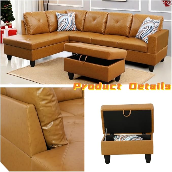 L Shaped Sectional Couch with Otttoman, 97" Leather Sectional Sofa for Living Room Modular Couches with Cup Holders for Bedroom, Apartments, Ginger