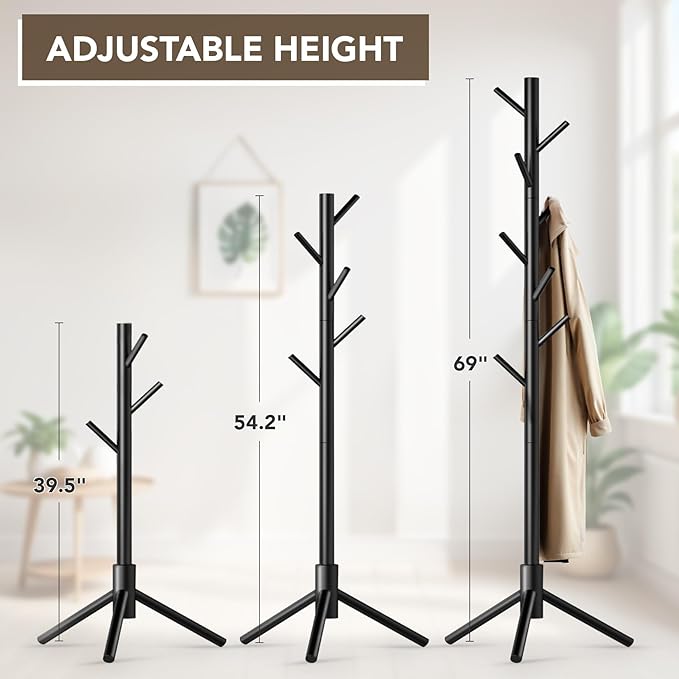 Wooden Tree Coat Rack Stand,Sturdy Freestanding Coat Rack with 8 Hooks,3 Adjustable Height for Child Adult,Wood Coat Stand Tree Fits Entryway Bedroom Office for Bags,Hats, 2 Pack