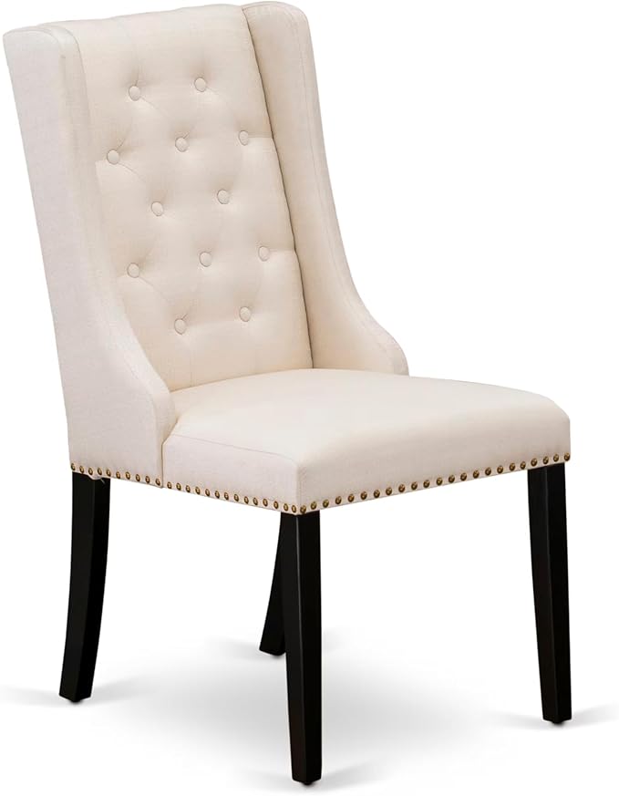 NKFO7-SBB-01-7-Piece Dining Set Consists of a Dining Table and 6 Cream Linen Fabric Kitchen Chairs & Black Legs with Button Tufted Back - Sand Blasting Black Finish.