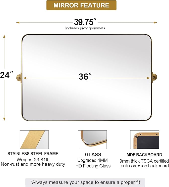 MOON MIRROR 36" x 24" Brushed Gold Rectangle Bathroom Mirror, Tilting Rounded Rectangular Metal Framed Pivot Wall Mirror, Hangs Horizontally Only(Overall 39.75" x 22")
