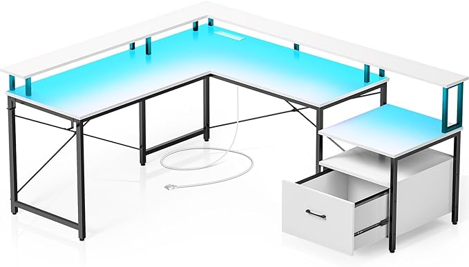 Rolanstar Computer Desk with File Drawer, 64" L Shaped Desk with Power Outlet & LED Strip, L Shaped Computer Corner Desk with File Cabinet, Gaming Desk with Monitor Shelf, Home Office Desk, White