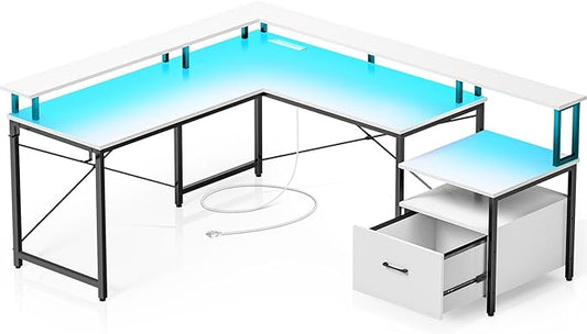 Rolanstar Computer Desk with File Drawer, 64" L Shaped Desk with Power Outlet & LED Strip, L Shaped Computer Corner Desk with File Cabinet, Gaming Desk with Monitor Shelf, Home Office Desk, White