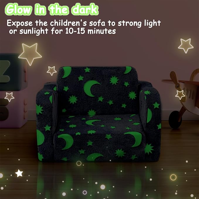 Kids Toddler Chair, 2-in-1 Toddler Couch Fold Out, Convertible Chairs for Toddlers Comfy Sofa to Lounger with Glow in The Dark Feature, Soft for Girls and Boys, Glowing Starry Sky
