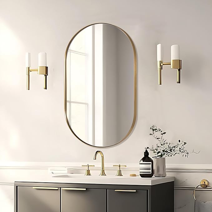 ANDY STAR Oval Mirrors for Bathroom, 26x38 Inch Gold Oval Mirror, Oval Brass Mirror Pill Shaped Stainless Steel 1’’ Deep Metal Frame Mirror Hang Vertically & Horizontally Ideal for Limited Space