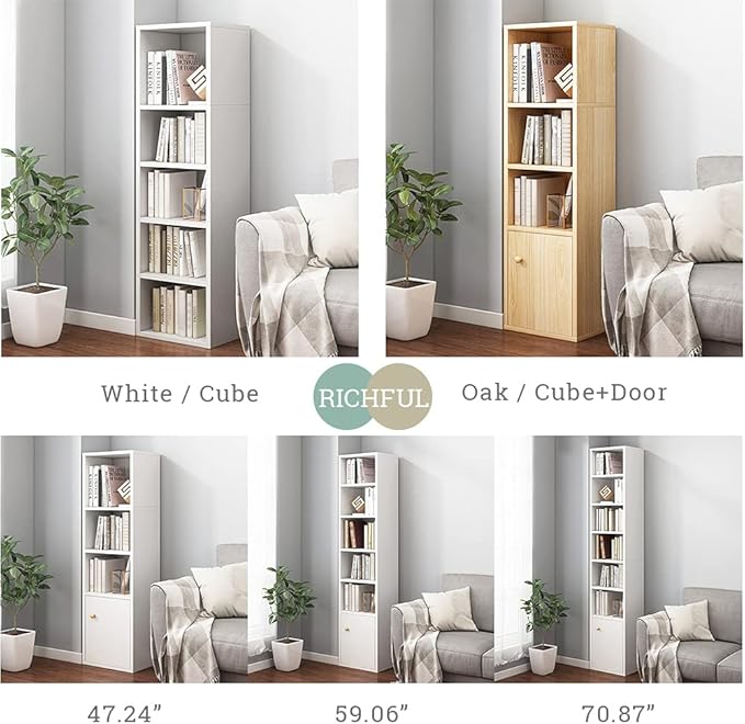 IOTXY Small Narrow Corner Bookcase - 47 Inches Tall Gap Freestanding Storage Cabinet, 4 Lattices Open Shelves Tower Rack with Door, Cubes Bookshelf in White