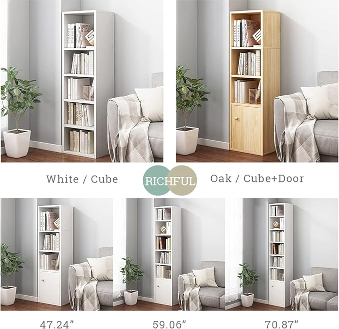 IOTXY Small Narrow Corner Bookcase - 71 Inches Tall Gap Freestanding Storage Cabinet, 7 Lattices Open Shelves Tower Rack with Door, Cubes Bookshelf in White