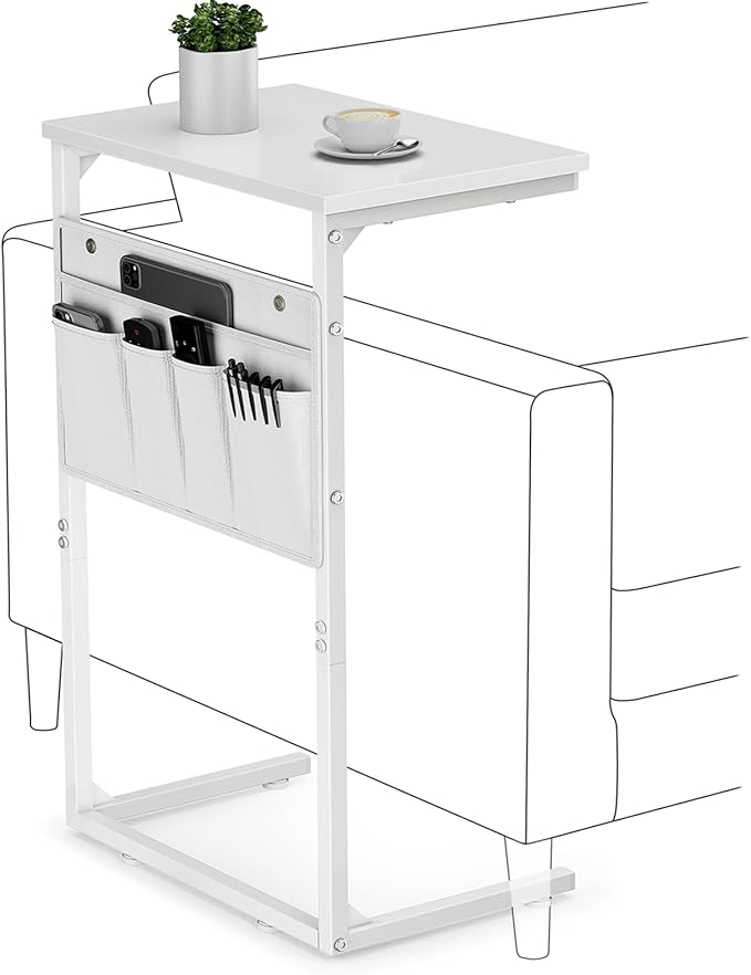 Vagusicc C Shaped End Table, 28'' Tall Side Table for Couch Recliner, Small Couch Side Table, Tall Couch Desk Slide Under Sofa Table TV Tray Arm Tables with Metal Frame for Living Room, Bedroom, White