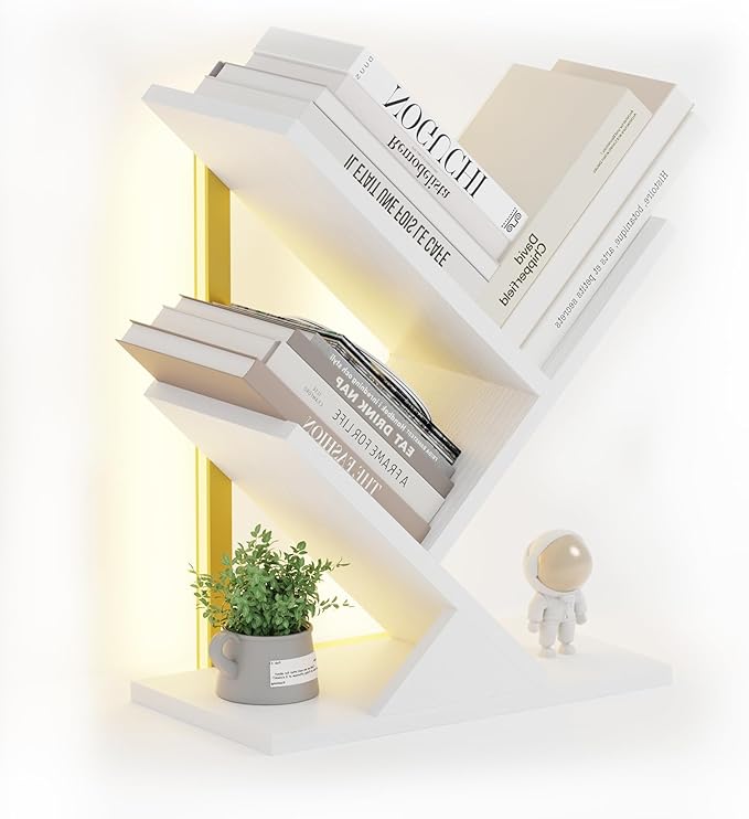 Tree Bookshelf with LED Lights, 3 Tier Floor Standing Bookcase, Classical Corner Shelf Kids Bookshelf, Tall Wood Book Storage for Bedroom, Living Room, Home Office, White