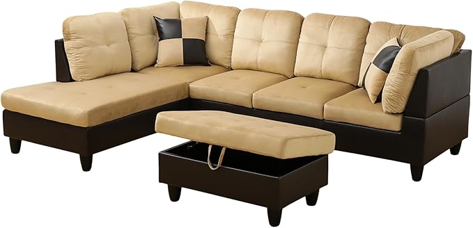 L Shaped Couch Modern Sectional Couch Upholstered Lint Fabric 3 Pieces Sofas for Living Room with Chaise, Storage Ottoman for Office and Small Apartment, Beige and Brown
