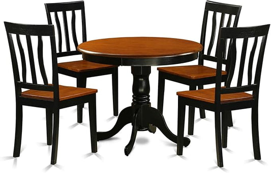 East West Furniture ANTI5-BLK-W 5 Piece Kitchen Table Set for 4 Includes a Round Dining Room Table with Pedestal and 4 Dining Chairs, 36x36 Inch, Black & Cherry