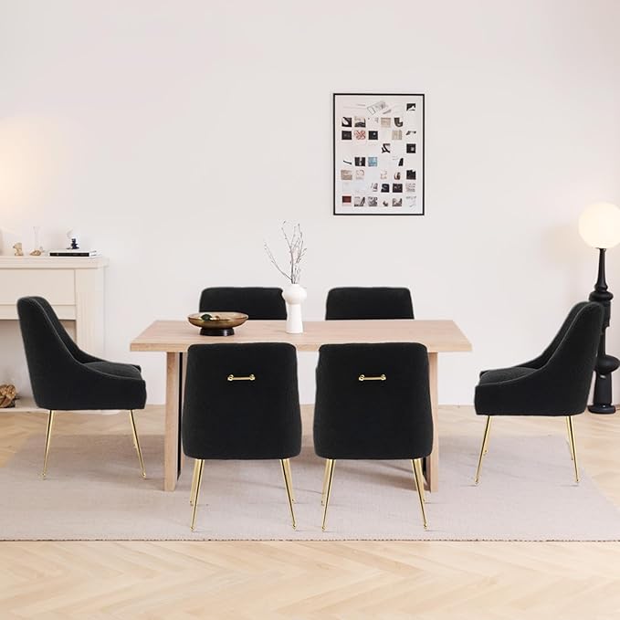 Modern Velvet Dining Chairs Set of 4, Contemporary Upholstered Furniture Collection with Polished Gold Metal Legs, Elegant Accent Chairs for Kitchen Living Room(Teddy Fleece,Black)