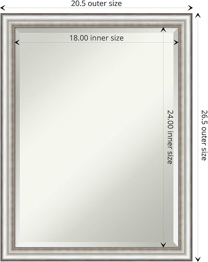 Amanti Art Silver Bathroom Mirror for Over Sink, 27x21 Salon Silver Narrow Rectangle Vanity Mirror, Medium Traditional Frame, Hangs Horizonally and Vertically, Bathroom Wall Decor, Beveled Edge
