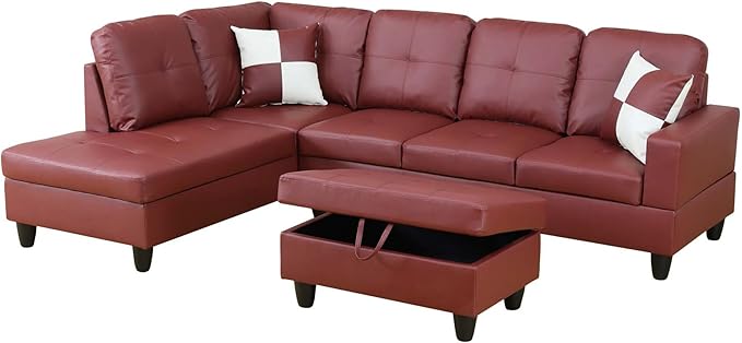 Osparple L Shaped Couch Faux Leather Sectional Couches for Living Room Upholstered 3 Pieces Modular Sectional Sofa with Chaise, Ottoman with Storage for Living Room and Small Apartment, Dark Red