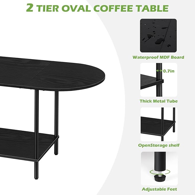 ETELI Black Coffee Tables for Living Room 2-Tier Small Oval Coffee Table Wood Accent Coffe Tables with Storage Shelf Modern Mesa De Centro Sala for Small Space, Home Office