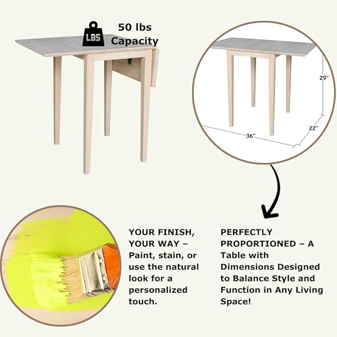 Solid Wood Small Drop Leaf Dining Table in Sturdy Parawood, Dual Drop Leaf Table with 9" Drop Leaf on Each Side, 36"W x 22"D x 29"H, Floor to Apron 26.5 Inches, Easy Assembly, Unfinished