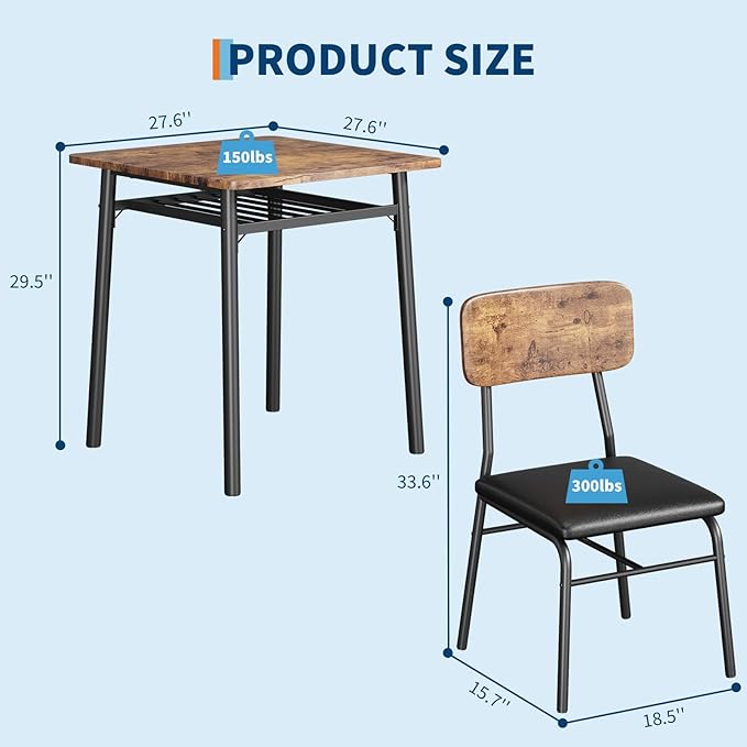IDEALHOUSE 3-Piece Dining Table Set for 2 with Storage Rack, Wood Kitchen Table with Upholstered Chairs Set of 2, Small Square Table Set with Metal Legs Support, for Dining Room,Living Room