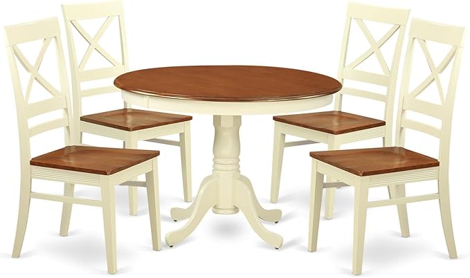 East West Furniture HLQU5-BMK-W 5 Piece Dining Table Set for 4 Includes a Round Kitchen Table with Pedestal and 4 Dinette Chairs, 42x42 Inch, Buttermilk & Cherry