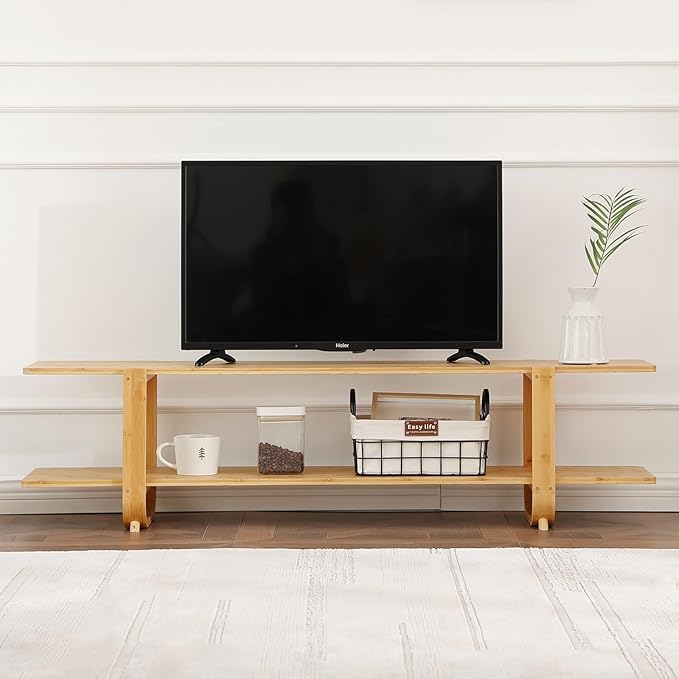 Welnow Bamboo TV Stand for Up to 65 Inch, Mid Century Modern Entertainment Center with 2-Tier Open Shelves, Storage Media Console Table for Living Room, Bedroom, Natural