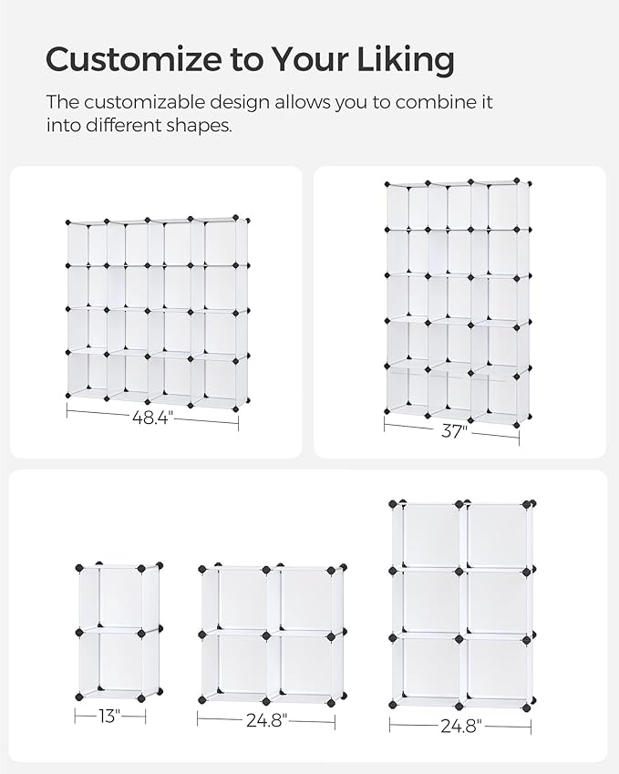 SONGMICS Cube Storage Organizer, Set of 16 Plastic Cubes, Book Shelf, Closet Organizers and Storage, Room Organization, Bedroom Living Room, 12.2 x 48.4 x 48.4 Inches, White ULPC44L
