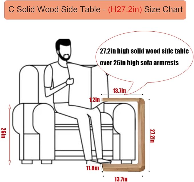 C Shaped End Table, Solid Wood C Side Table for Couch Sofa and Bed, Sofa Tables That Slide Under for Space Saving, Small Snack C Tables for Living Room Bedroom (H 27.2″ - Brown, 1)