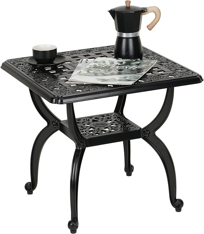 JARDIN DE CENTENNIAL Cast Aluminum Outdoor Side Table,Anti-Rust Outdoor End Table,Patio Coffee Bistro Table for Indoor,Garden,Porch,Balcony(Square Black)