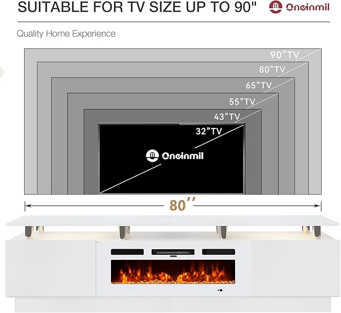 80" Entertainment Center & TV Stand, Modern Media Console with Storage Cabinet, Fits TVs up to 90", Living Room Furniture, 36" Electric Fireplace (All White)