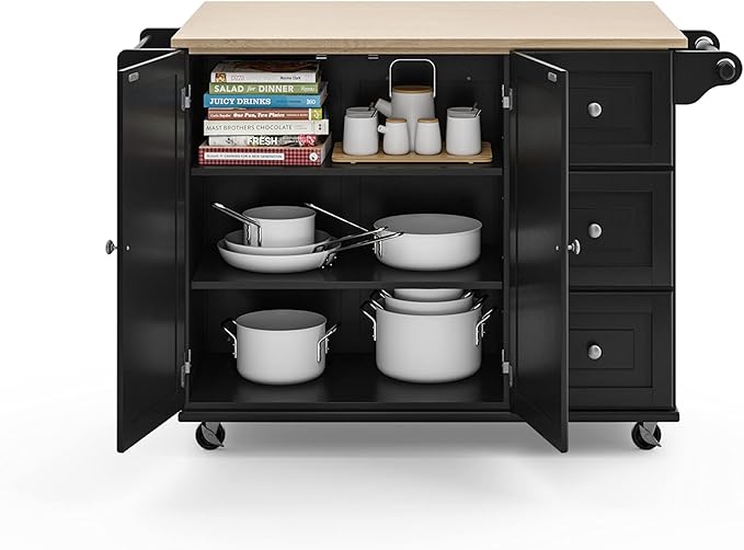 Homestyles Dolly Madison Black Mobile Kitchen Island Cart with Wood Drop Leaf Breakfast Bar
