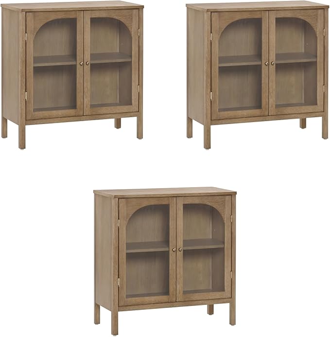 Nathan James Mason TV Stand, Free Standing Accent Sideboard Buffet, Credenza with Glass Doors and Adjustable Shelf in Brushed Light Brown Wood for Dining Room, Entryway and Living Room, Set of 3