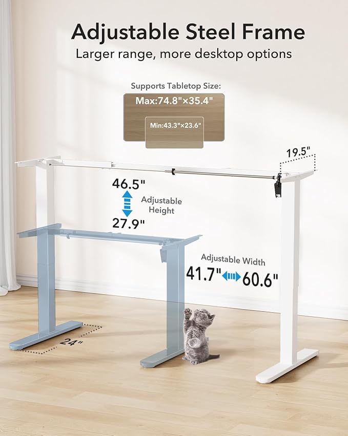 HUANUO Standing Desk Frame with 220lbs Powerful Brushless Motor, Thick T-Shaped Adjustable Desk Legs Made of Automotive-Grade Steel, for Max 75″ x 35″ Desktop, for Home Office, White Frame Only