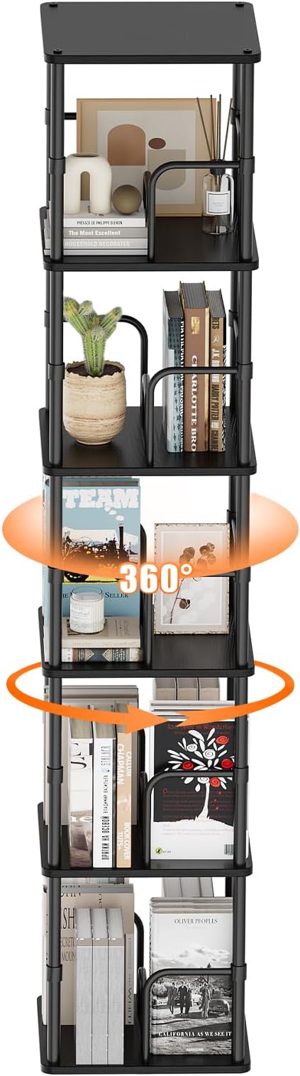 5 Tier Square Rotating Bookshelf, 360 ° Display Stackable Spinning Bookshelf Tower, Space Saving Tall Floor Standing Swivel Bookcase Corner Storage Organizer for Living Room, Black, Small Size