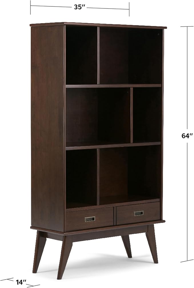 SIMPLIHOME Draper Bookcase - 64 inch Tall Solid Hardwood Wide Storage Bookshelf in Medium Auburn Brown, Mid-Century Modern Storage for Living Room or Office with Adjustable Shelves and Tapered Legs