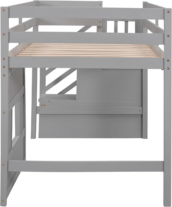 Twin Size Loft Bed with Storage Staircase and Window,Wood Twin Loft Bunk Bedframe with Full-Length Guardrail and Sturdy Slat Support, No Noise,No Box Spring Needed,for Kids,Teens,Boys,Girls,Gray