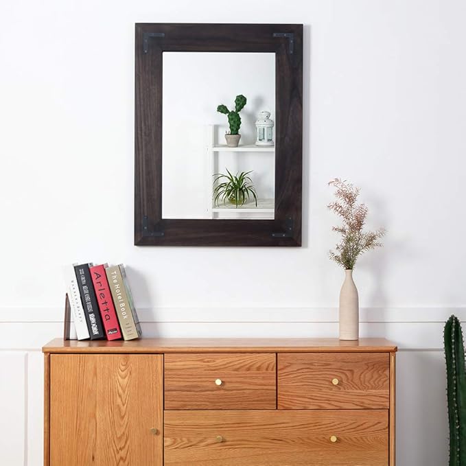 YOSHOOT Rustic Wooden Framed Wall Mirror, Natural Wood Bathroom Vanity Mirror for Farmhouse Decor, Vertical or Horizontal Hanging