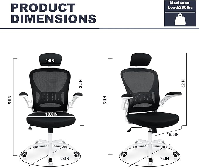 Office Chair Ergonomic Desk Chair Comfort Adjustable Height with Wheels，Lumbar Support Mesh Swivel Computer Home Office Study Task Chair Black & White