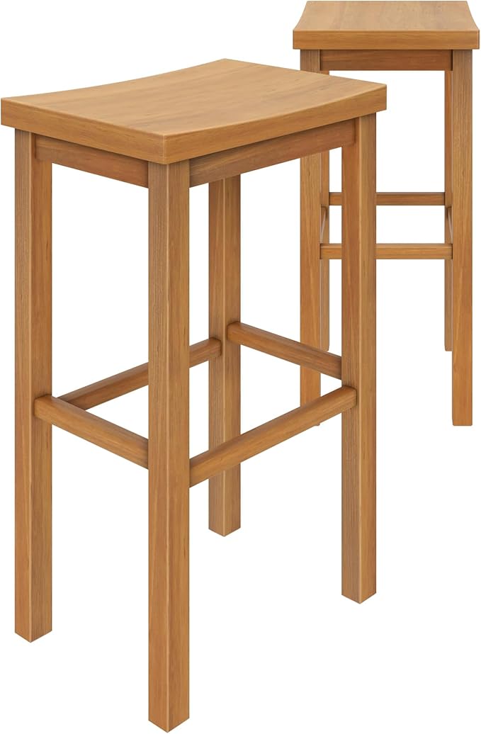 Grain & Grove Smith Collection Set of 2 Solid Wood Bar Stools, 30 inch Saddle-Seat Bar Chairs, Backless, Heavy-Duty Construction, Footrest Support, for Kitchen Islands, Home Bars, and Counters, Pecan
