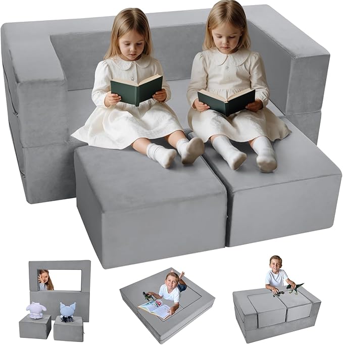 MeMoreCool Modular Kids Play Couch Sofa – Soft Convertible Toddler Couch, Grey Fold-Out Plush Foam Chair for Kids’ Playroom Fun
