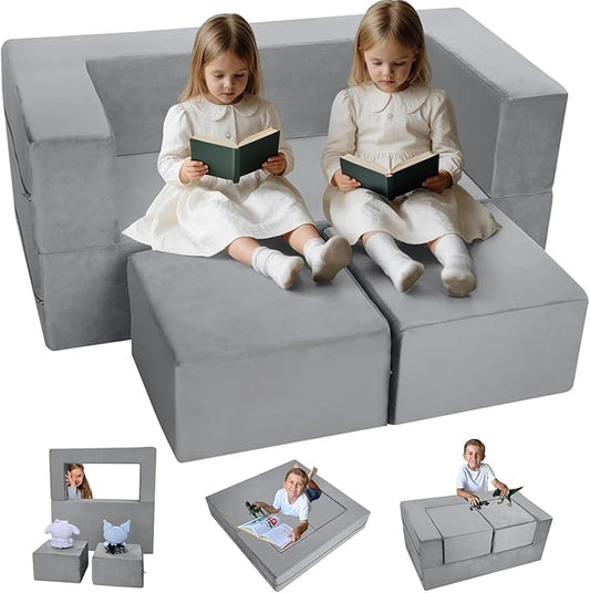 MeMoreCool Modular Kids Play Couch Sofa – Soft Convertible Toddler Couch, Grey Fold-Out Plush Foam Chair for Kids’ Playroom Fun