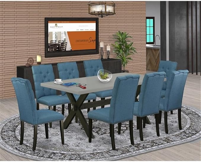 East West Furniture X697EL121-9 9 Piece Dining Room Furniture Set Includes a Rectangle Dining Table with X-Legs and 8 Blue Linen Fabric Upholstered Chairs, 40x72 Inch, Multi-Color